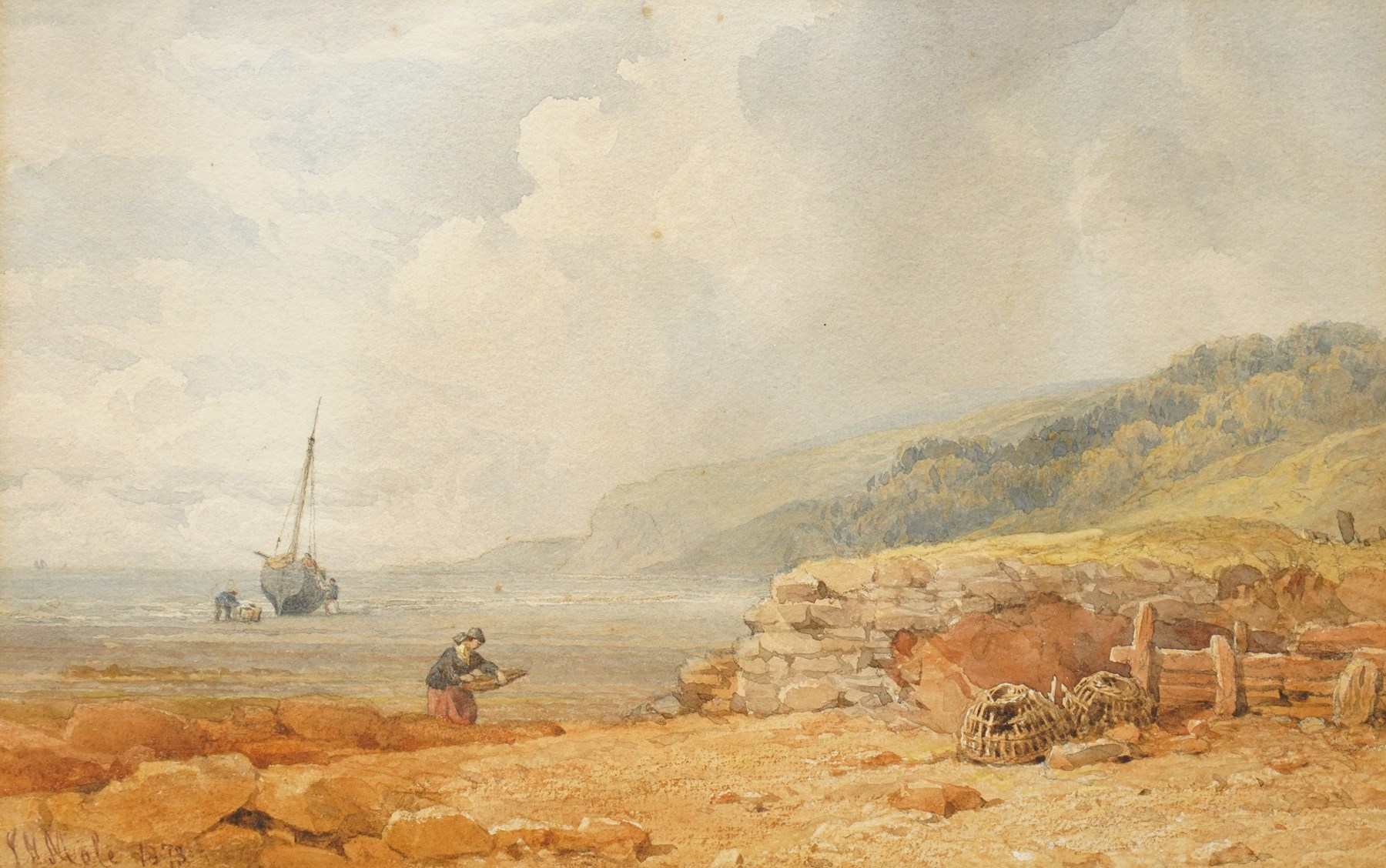 John Henry Mole (British 1814-1886): Fishing off the Northumberland Coast, watercolour signed and dated 1873, 17.5cm x 27.5cm