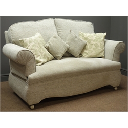  'HSL' two seater double drop end sofa, upholstered in pale blue fabric with four scatter cushions, (W155cm, H88cm, D84cm) and matching reclining armchair (W88cm, H104cm, D87cm)  