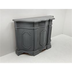Painted sideboard, moulded top, single short drawer, three cupboard doors enclosing fitted interior 