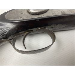 19th century George Gibbs of Bristol .461 cal. muzzle loading percussion match rifle with 28cm cut-down barrel and cut-down stock, Metford type rifling, fitted with additional three folding leaf rear sight to 400yds, back action sight still fitted to tang, maker's name to lock and top of barrel, serial no.439. L46.5cm overall