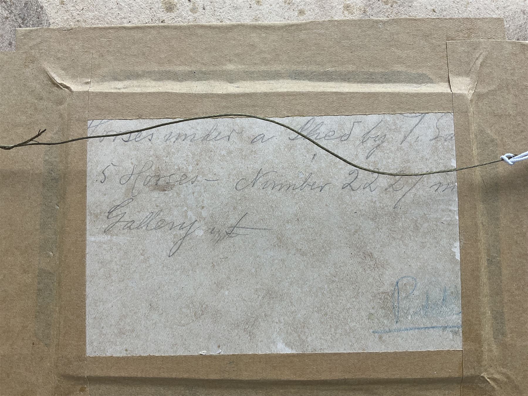 Manner of Thomas Gainsborough (British 1727-1788): Horses Resting in the Shade, watercolour unsigned, indistinctly inscribed verso 9cm x 14cm 
Notes: Compositionally very similar to another Gainsborough pastel, 'Wooded Landscape with Peasant Asleep and Horses outside a Shed' in the Tate. 