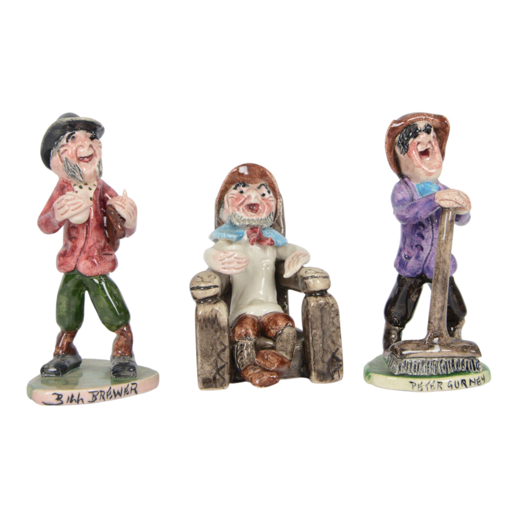 Ten Will Young studio pottery 'Widecombe Fair' figures, including Danil Whiddon and Arry Awke on bench, Peter Gurney, Bill Brewer, Peter Davey, Old Uncle Tom Cobley, Tom Pearse, Arry Wake, Danil Whiddon and Jan  Stewer, all with signatures to base, H10cm