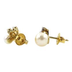 Pair of 9ct gold pearl and diamond stud earrings, each earring set with two cultured white/pink pearls and three round brilliant cut diamonds, hallmarked