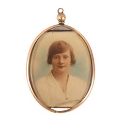 9ct gold photo pendant and three gold plated stick pins, including one stone set and one hairwork example