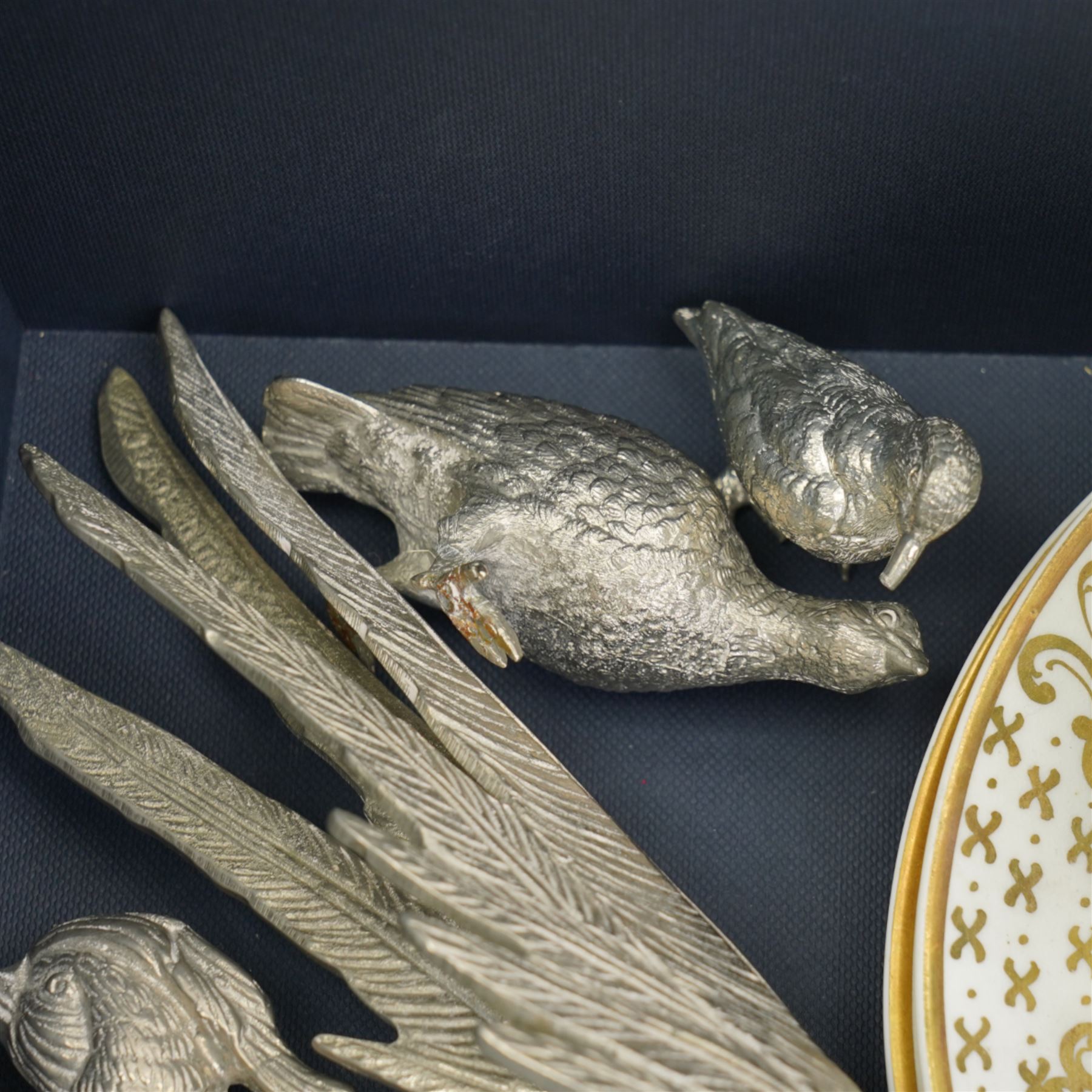 Large Spode mug and two hand painted plates, together with a collection of five silvered animals including a fish, pheasants, grouse etc