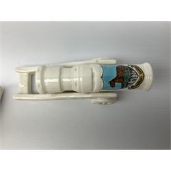 Three pieces of crested ware, comprising grenade detailed 'The Mills Hand Grenade' with Filey Crest, marked beneath Grafton China, a cannon with crest banner detailed 'Sterlini Oppidvm', marked beneath W H Goss, and a submarine with Tunbridge Wells crest, marked beneath Arcadian China 