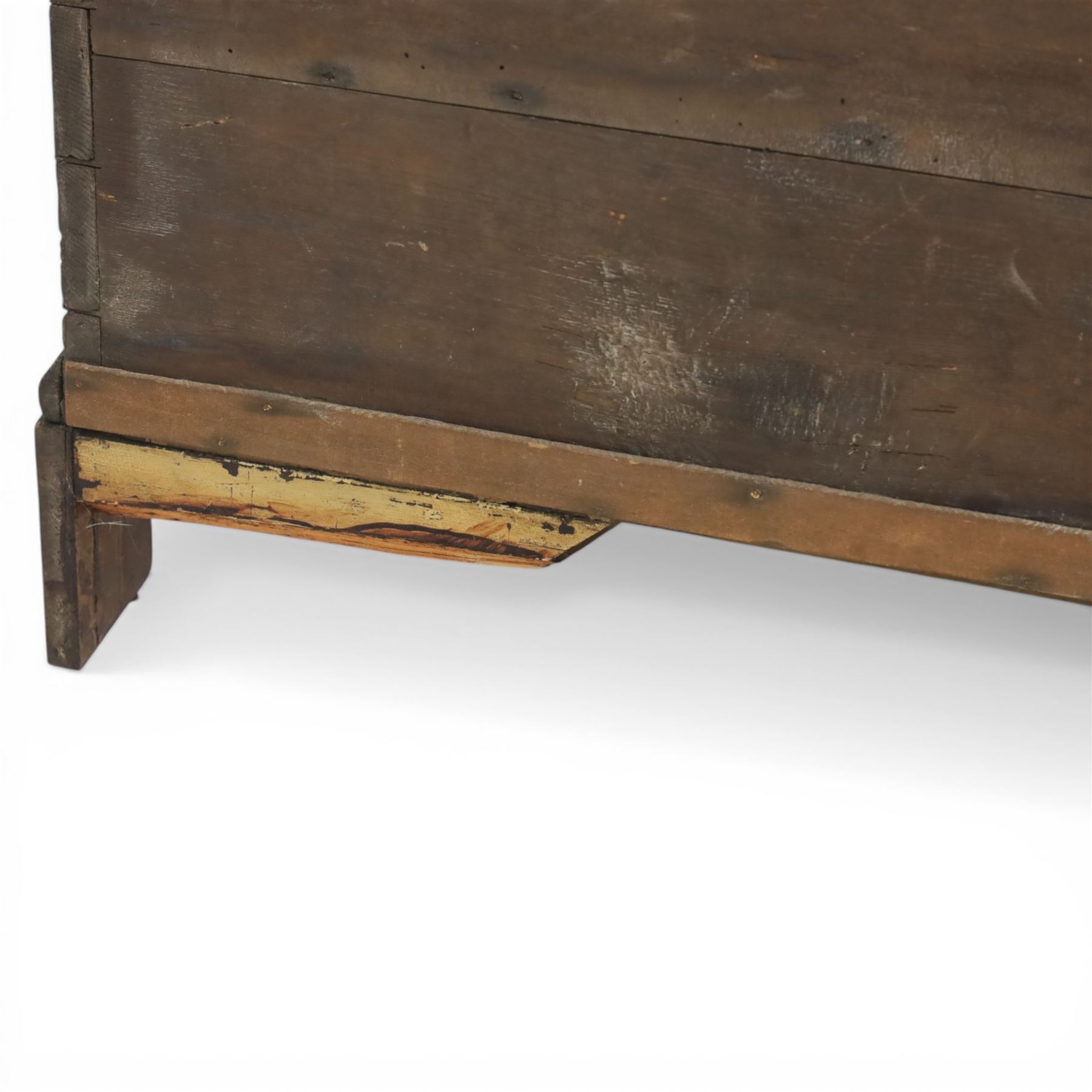 19th century oak mule chest, with lidded top above two short drawers, raised on bracket feet