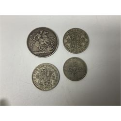 Queen Victoria 1890 crown coin, King George V 1929 half crown, 1922 florin, King George VI 1940 half crown, Bank of England Somerset five pound note 'HW30' and five one pound notes