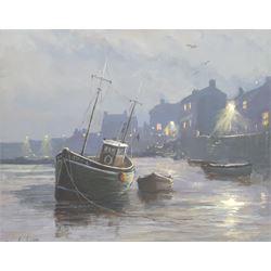 Eric Simpson (Late 20th century): The Harbourside at Night, oil on board signed 29cm x 37cm