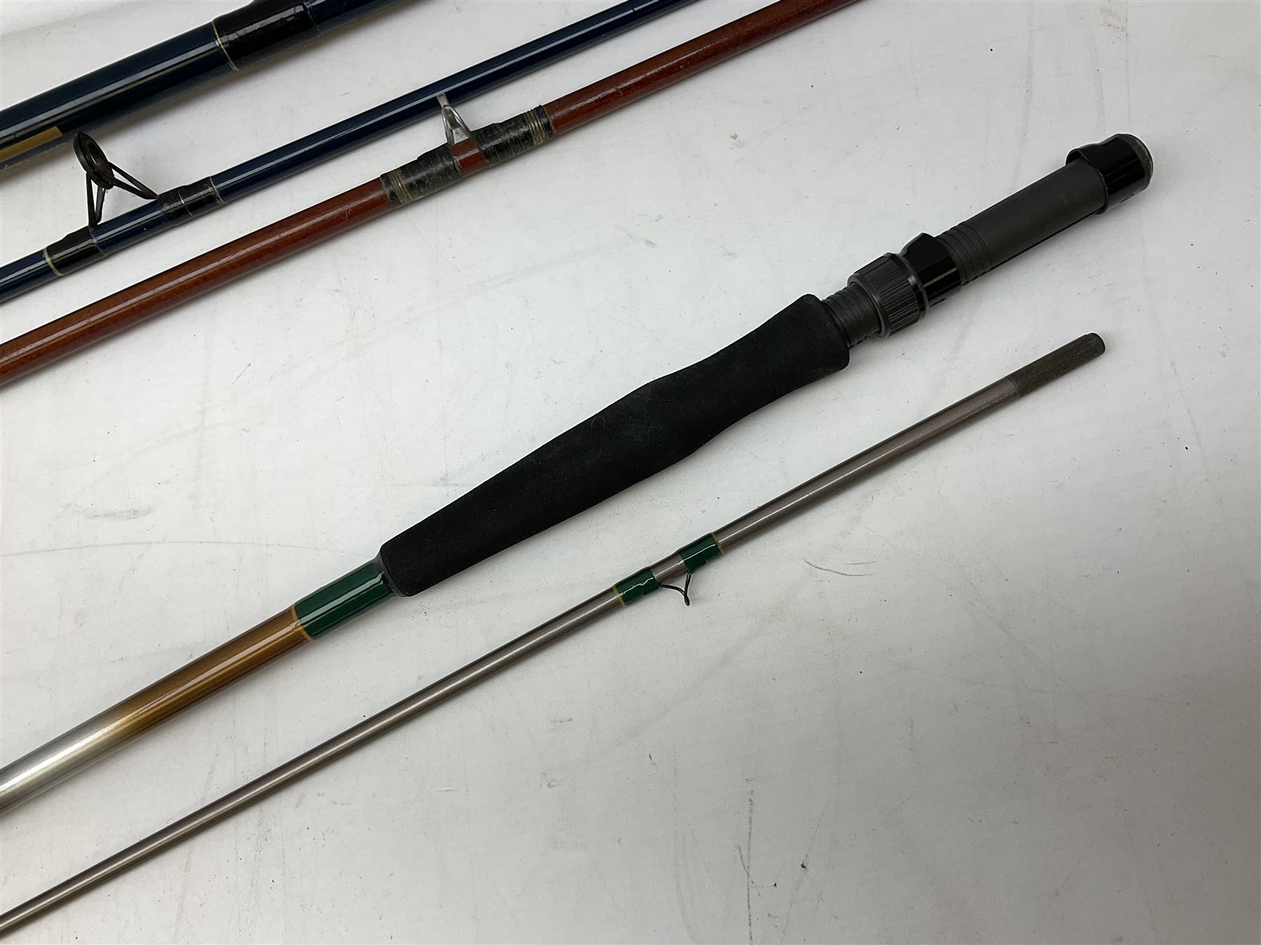 Shakespeare 'Composite Beachcaster 1332-300' 10ft two piece rod with Shakespeare alpha reel, Elastiglas two piece fly rod, Ryobi Masterline carbon fibre 'Pioneer PIF 85 Fly 8' 6