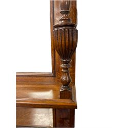 Edwardian oak mirror back sideboard, raised shaped pediment carved with acanthus leaves over Greek key frieze, bevelled mirror back, fitted with two drawers and two cupboards