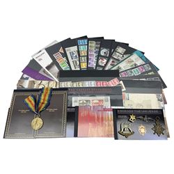 Gold fob engraved Tees-side B.S.S 1957, the reverse stamped 375, WWI victory medal, 1914-15 star medal, Waterloo Royal Scots Dragoon Guards gilt cap badge, various stamps including usable postage etc