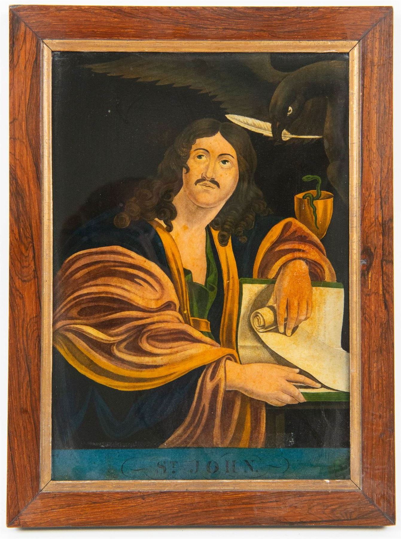 Four mid-19th century reverse glass mezzotints, 'Joseph sold by his brethren to the Ishmaelites' 'St Luke' 'St John' and 'St Matthew', 34cm x 24cm (4)