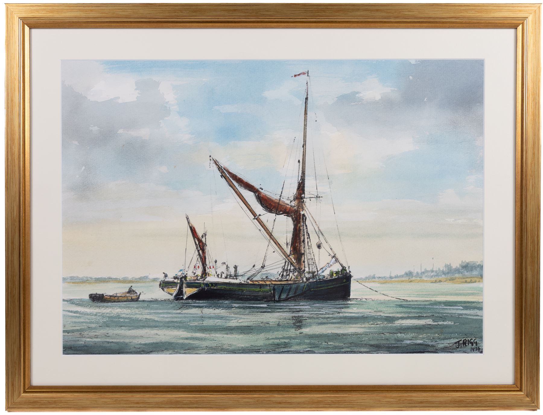 Jack Rigg (British 1927-2023): Thames Sailing Barge 'Dawn', ink and watercolour signed and dated 1976, together with two associated sketches 37cm x 53cm 