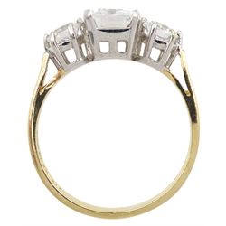 14ct gold three stone emerald and round cut cubic zirconia ring, hallmarked 