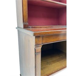 Edwardian mahogany open bookcase, three upper shelves with velvet lined interior, above single adjustable lower shelf