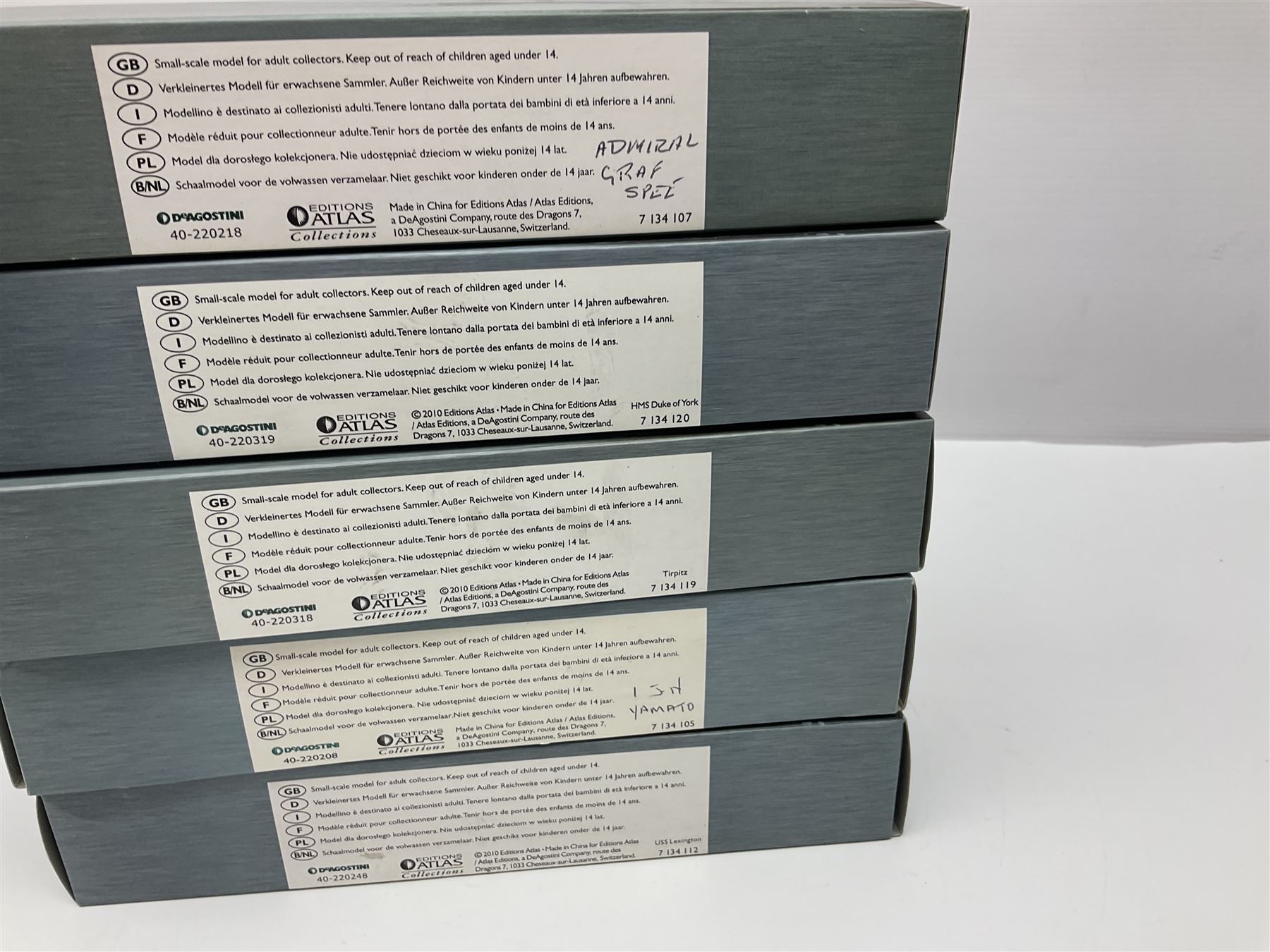 Seventeen Atlas Editions Collections battleships in original boxes, to include HMS Ramillies, Yamato, HMS Repulse, Missouri etc
