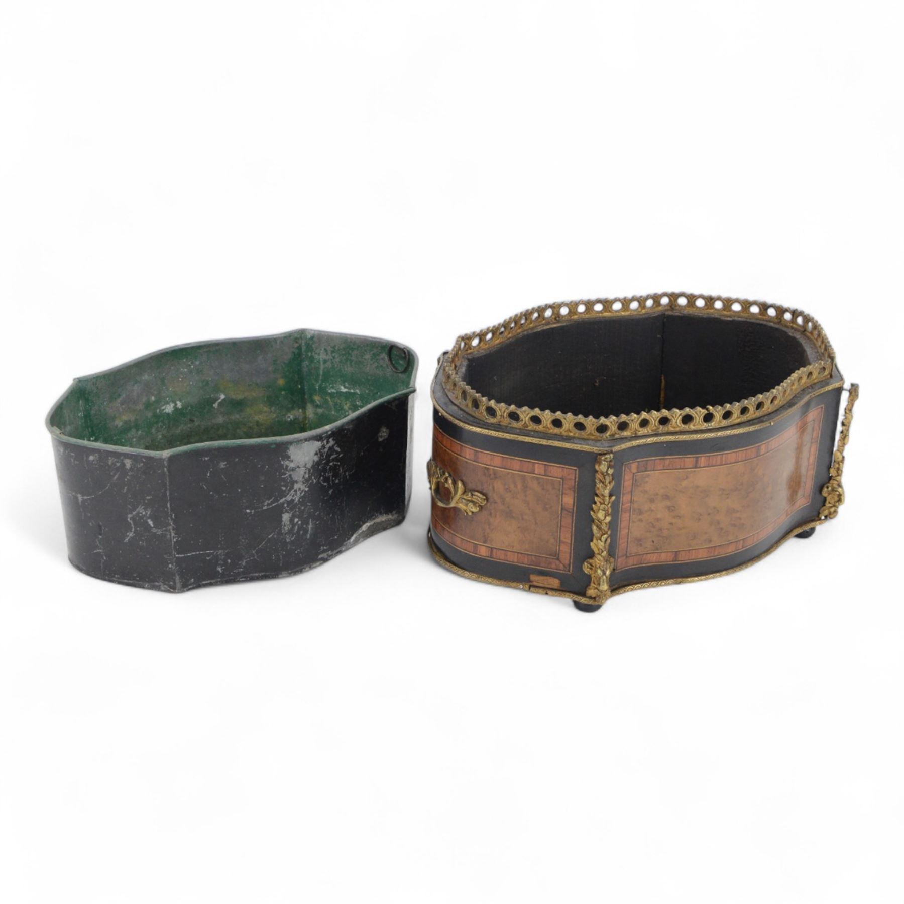 19th century French gilt metal mounted ebonised, kingwood and birdseye maple table jardinière, of serpentine form upon four compressed bun feet, with lift out metal liner, H15cm W33cm D24cm