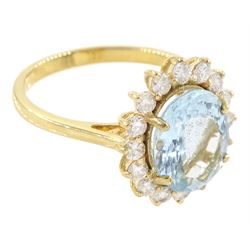 18ct gold aquamarine and diamond cluster ring, single oval cut aquamarine of approx 2.05 carat, with sixteen round brilliant cut diamond surround, stamped, total diamond weight approx 0.40 carat