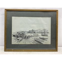 Desmond 'Des' G Sythes (British 1929-2008): 'Old Whitby - East Side', pen and ink signed, titled on label verso 36cm x 51cm