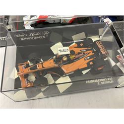 Pauls Model Art Minichamps Formula - ten 1:43 scale die-cast models of racing cars in plastic display cases (10)