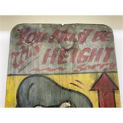 Six 20th century fairground signs, to include 'fun at the fair', 'Test your strength, 'Hold tight, 2 per car only', tallest example H120cm 