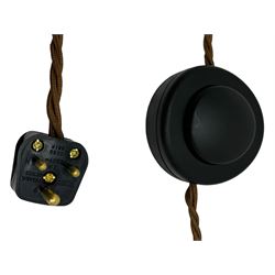 Early 20th century brass adjustable floor lamp, Royal Doulton decorative ceramic base embellished with raised floral and scroll patterns, stamped, brass column and adjustable arms terminating in brass bulb holder