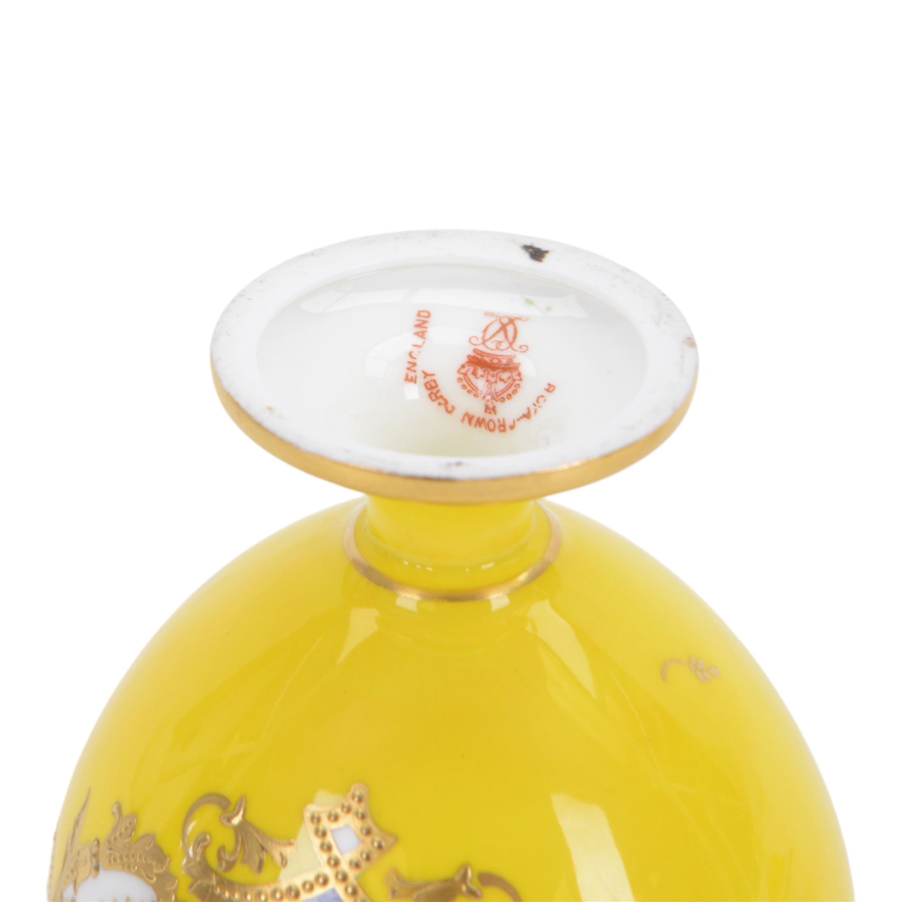 Royal Crown Derby miniature vase and cover, painted with shipping scene on yellow ground, with printed mark beneath, H12cm