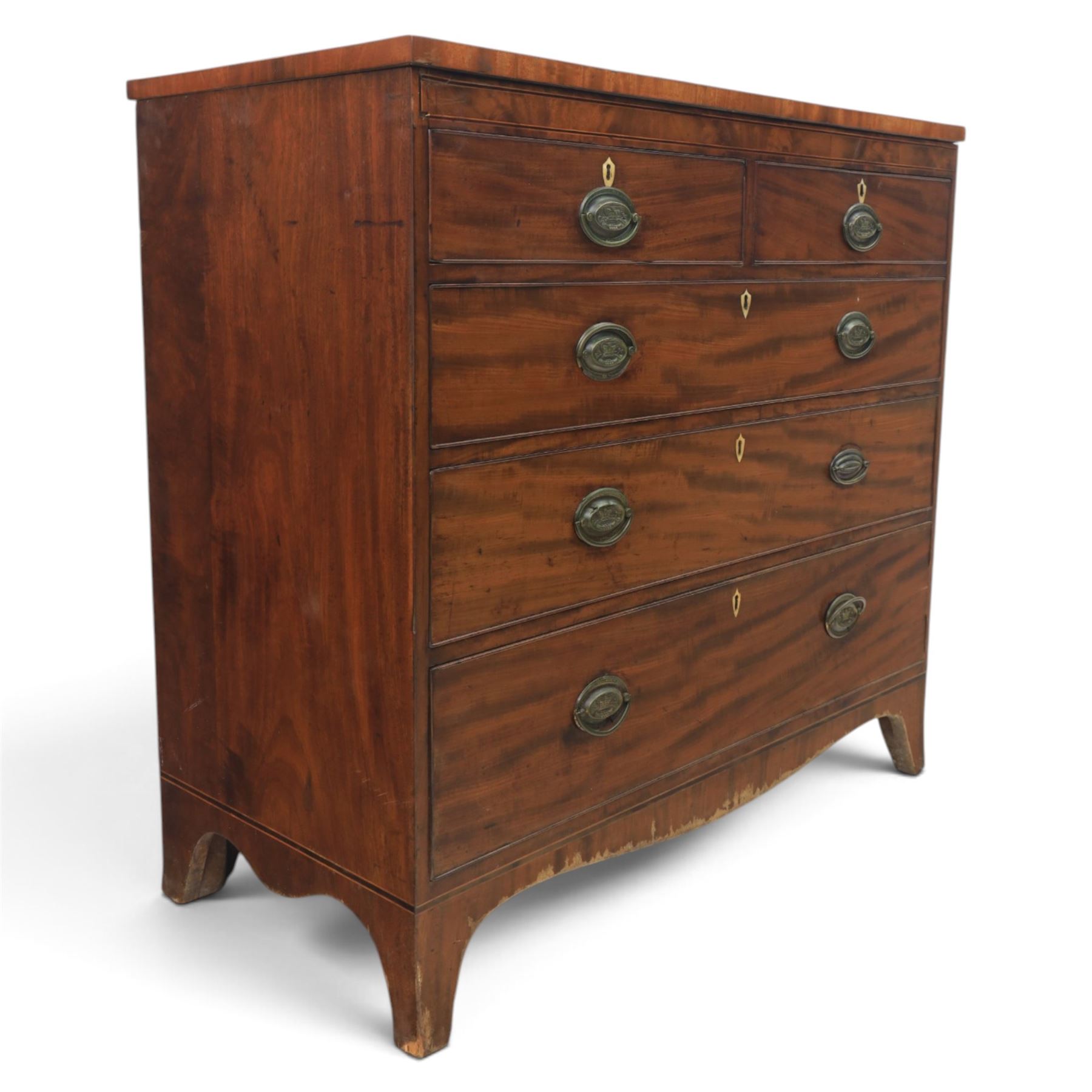 19th century mahogany chest, two short over three long drawers with brass handles, raised on shaped feet