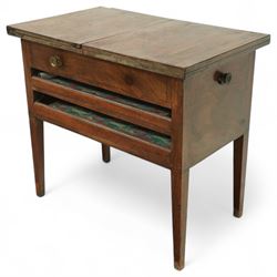 Georgian mahogany folio stand, rectangular top with hinged section and drop leaf to one end, fitted with a single drawer and two open slatted folio divisions, raised on square tapering supports