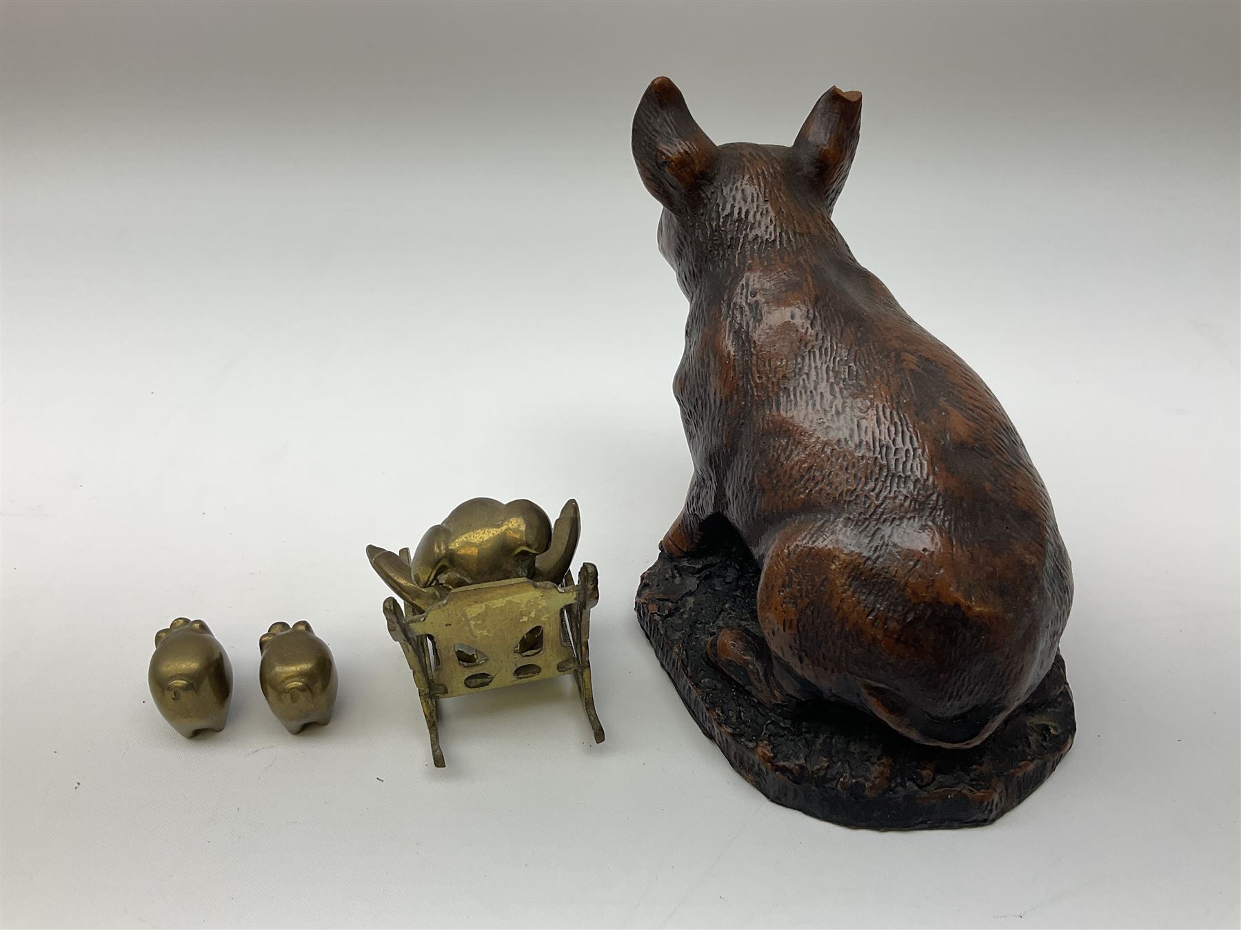 Beswick pig CH Wall CH Boy 53 figure, Priory Castings model of a seated pig, majolica ashtray in the form of an Indian elephant, elephant figure in green glaze and brass figures of pigs, Beswick pig L16cm