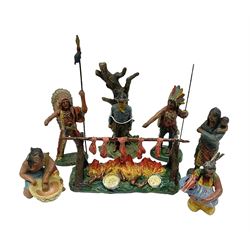 Five Elastolin American Indian figures, together with an Elastolin campfire and a cowboy tied to a tree, tallest H11cm