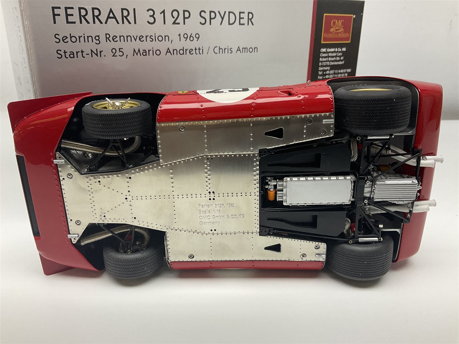 CMC 1:18 Scale Model of a Ferrari 312P Spyder 'Sebring Rennversion, 1969, Start-Nr. 25, Mario Andretti / Chris Amon'; manufactured by CMC Exclusive Modelle; No. M-095. Serie Nr. 1365 with certificate. Fully constructed and out of box with original box, accessories, packaging and paperwork.