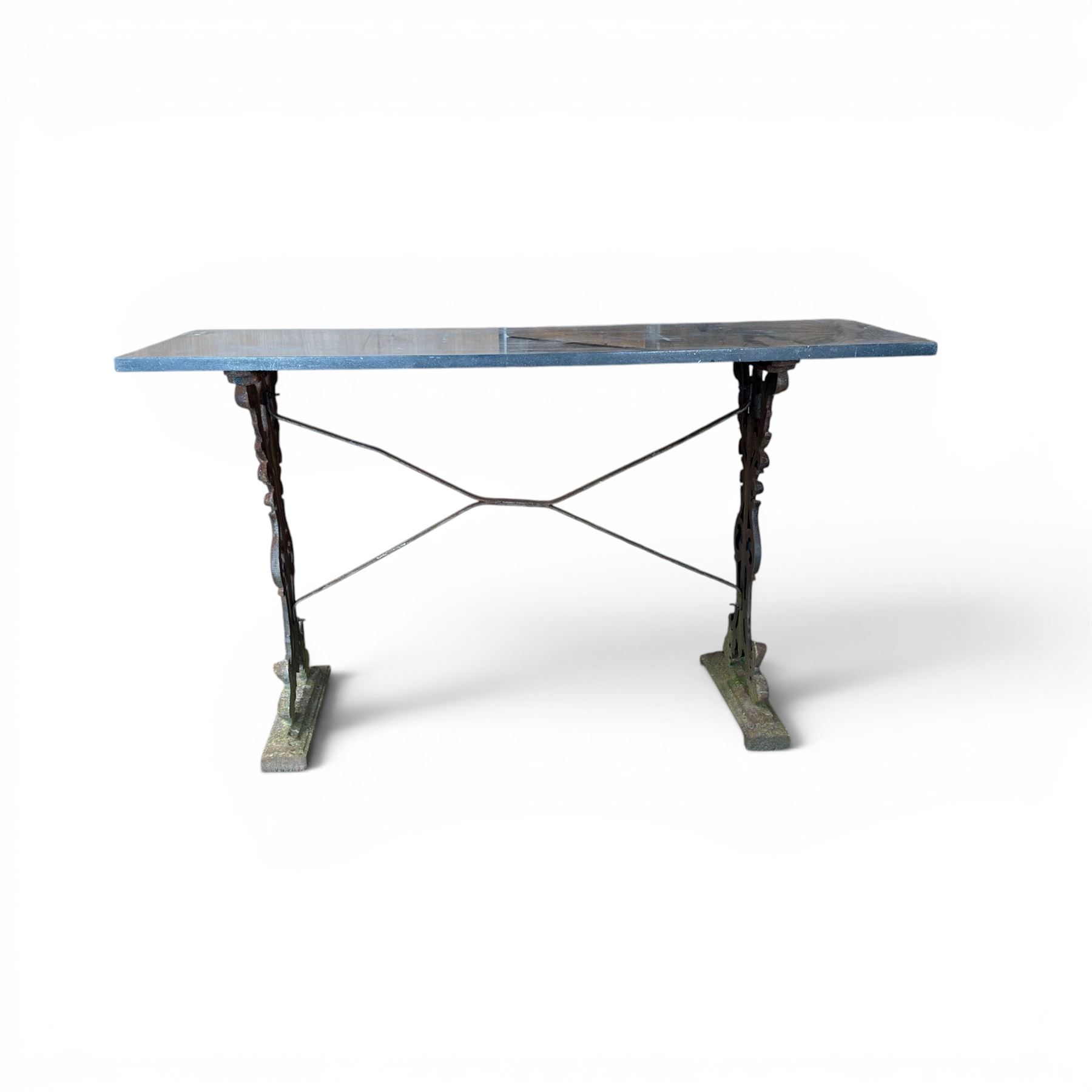 Edwardian ornate cast iron garden table, later rectangular granite top