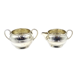 Silver three piece tea set by S W Smith & Co Birmingham 1920 & 26, approx 27oz  
