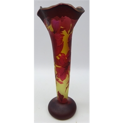  Galle style cameo glass trumpet shaped vase with waved rim, H33cm   