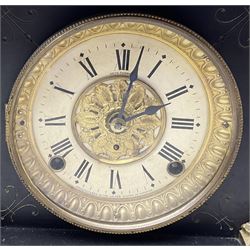 Seth Thomas - American 8-day late 19th century faux slate mantle clock, wooden case with a flat top, decorative gilt metal columns, lion heads and splayed feet,  two part dial with a gilt centre and Roman numerals to the chapter, within an ornate glazed bezel, twin train spring driven movement striking the hours on a coiled gong and the half hours on a bell. 