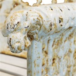 Coalbrookdale design - early 20th century cast iron oak leaf and acorn bench, white painted cast iron frame with slatted wooden seat, the pierced and shaped back decorated with scrolling oak branches and leafage, flanked by dog mask arm terminals over cabriole supports with paw feet 