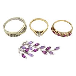 9ct gold jewellery including ruby and diamond half hoop ring, single stone diamond ring, diamond crossover ring and a stone set pendant