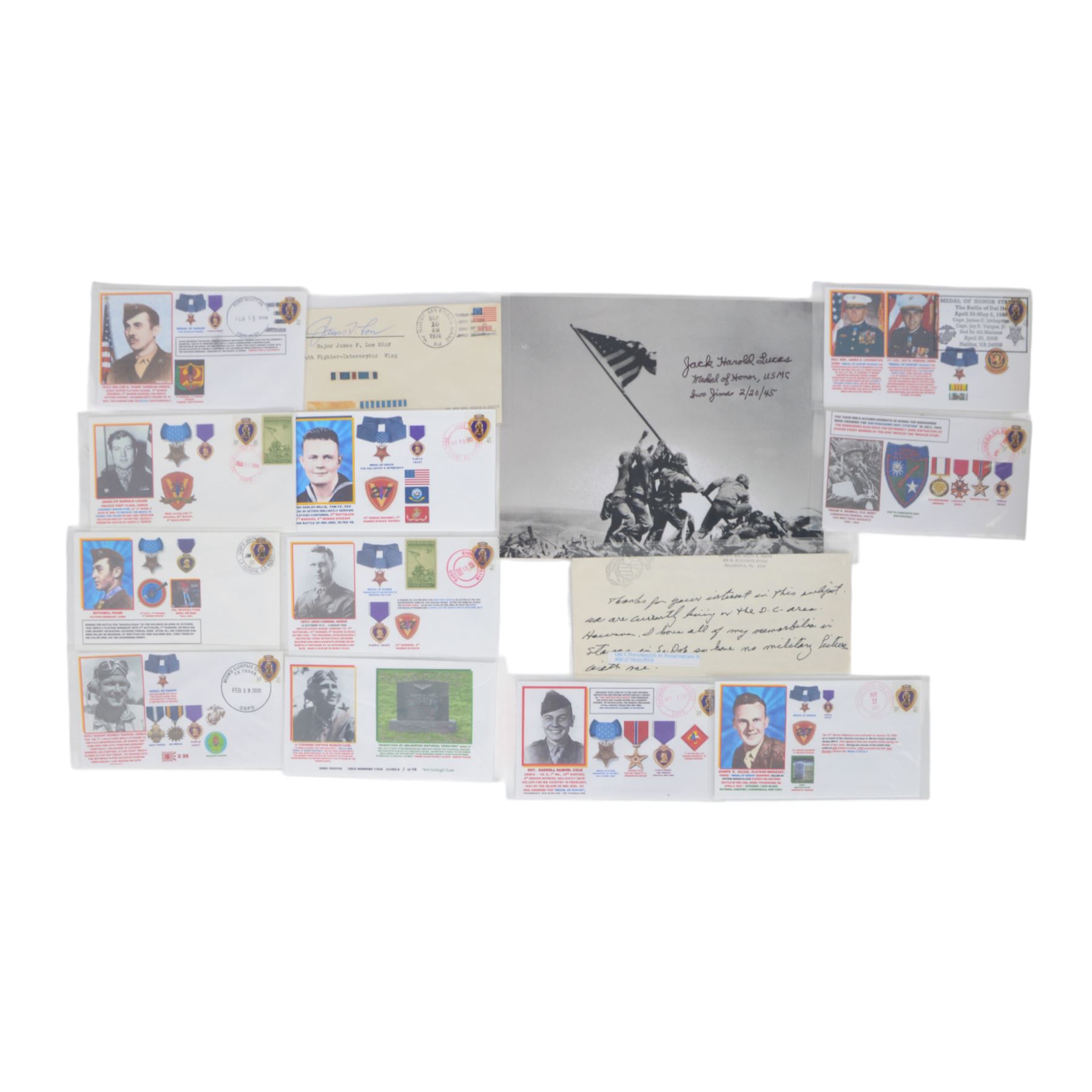 Two original autographs of US Medal of Honor winners, Jack Harold Lucas USMC Iwo Jima and Leo K.Thorsness USAF, Vietnam POW together with ten US FDC medal winners and USAF POW card.
