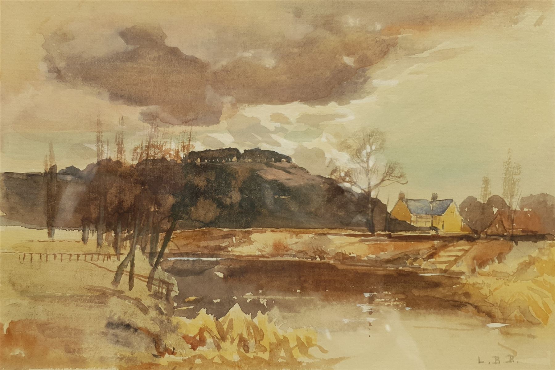Louis Burleigh Bruhl (British 1861-1942): 'Dinedor on the Wye', watercolour signed with initials 16cm x 23cm