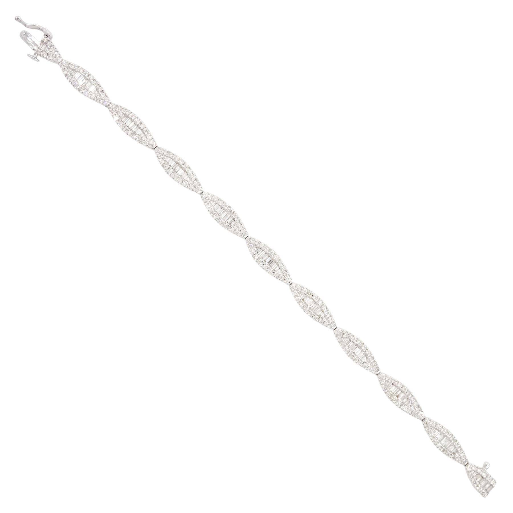18ct white gold round brilliant cut and baguette cut diamond, marquise shaped link bracelet, hallmarked, total diamond weight approx 3.00 carat