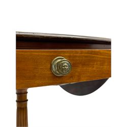 Early 19th century satinwood Pembroke side table, oval moulded drop-leaf top with rosewood band, fitted with single end drawer and false drawer to the opposing end, pressed brass lion mask handles and ivory lozenge escutcheons, on tapered and reed carved stem with four splayed supports, brass cups and castors 

This item has been registered for sale under Section 10 of the APHA Ivory Act