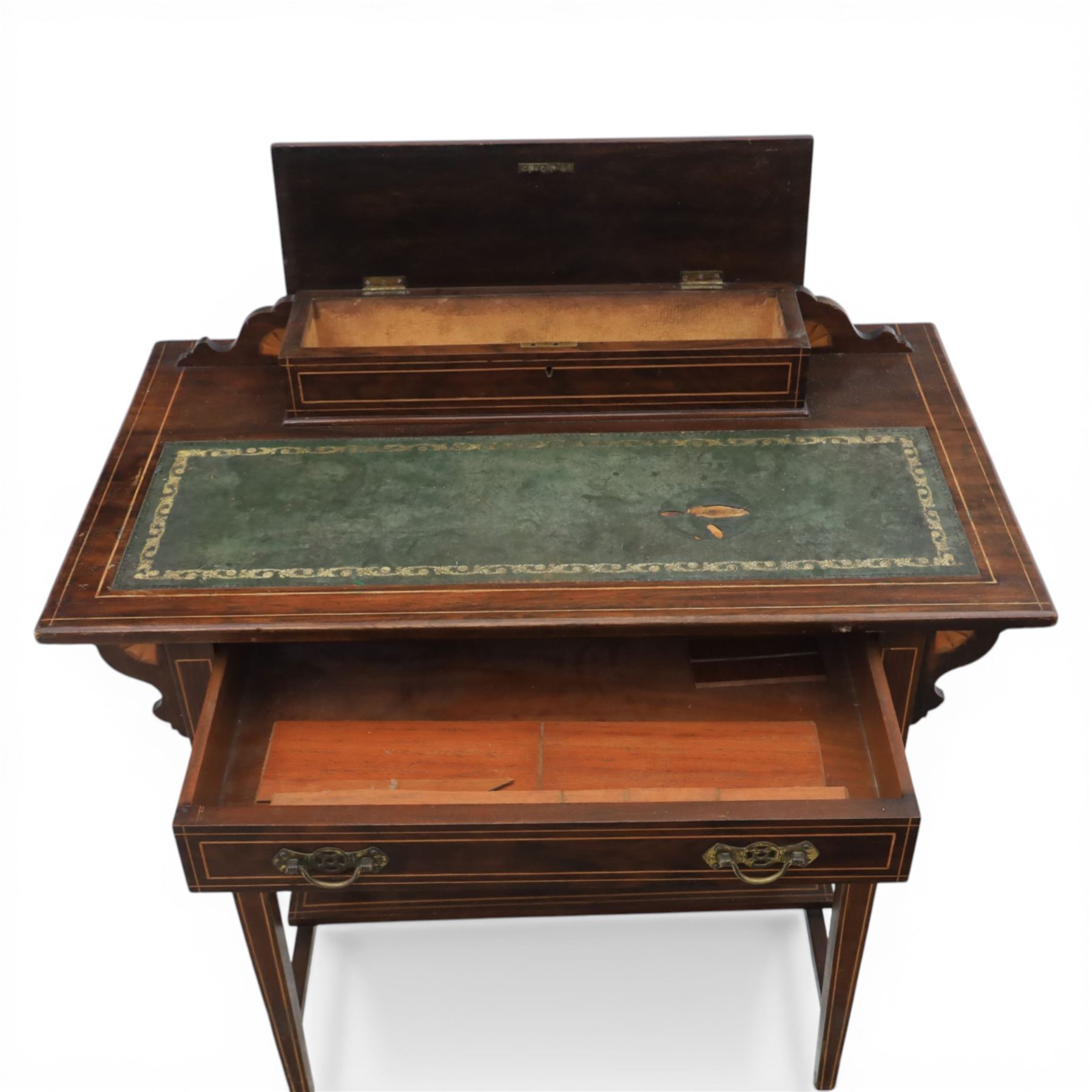 Edwardian inlaid rosewood writing desk, with raised back for an ink well, tooled green leather inset top, above a single drawer, raised on tapering square supports united by an undertier