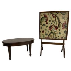 Early 20th century metamorphic fire screen/table and small mahogany coffee table 