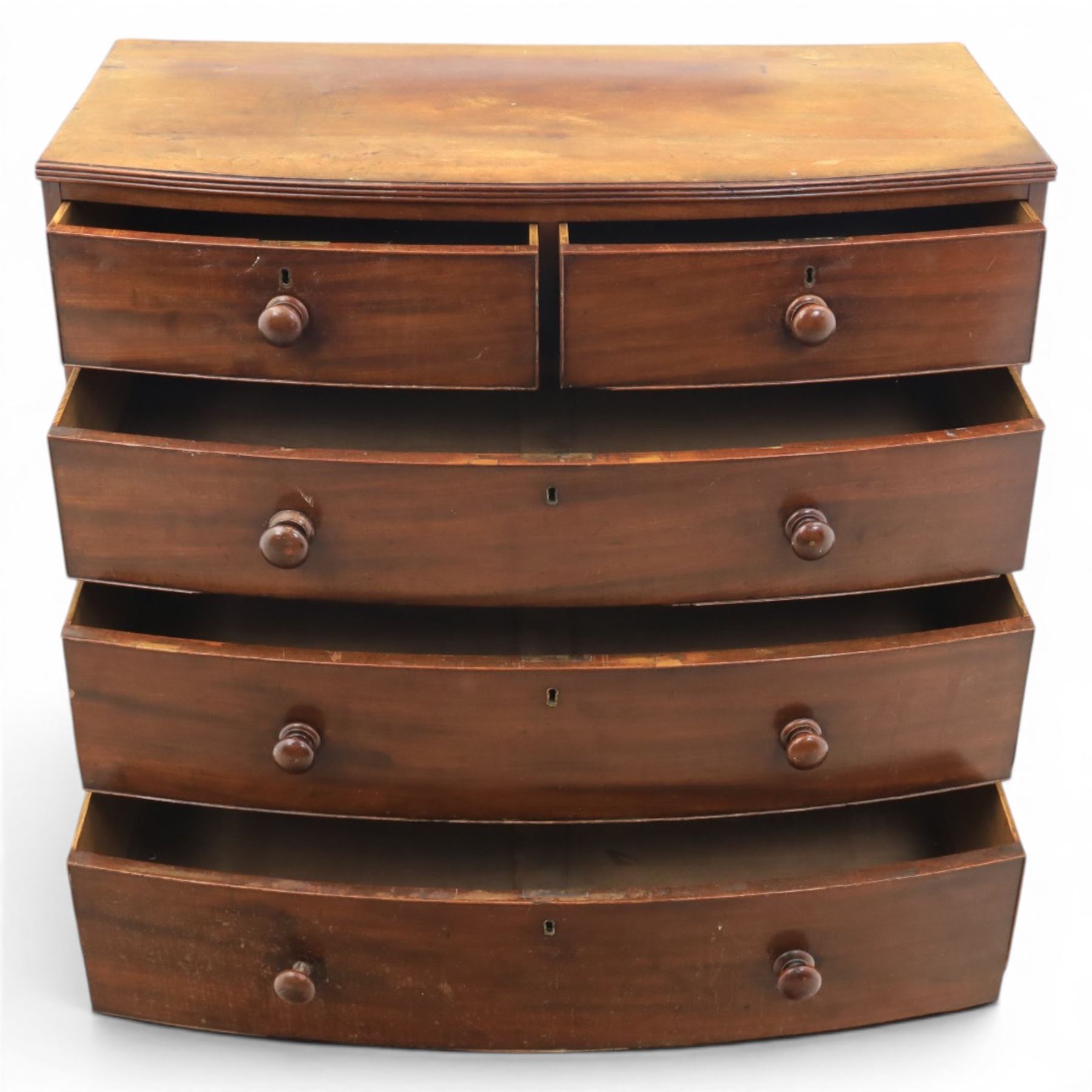 19th century bow fronted mahogany chest, two short over three graduating drawers, raised on bracket feet