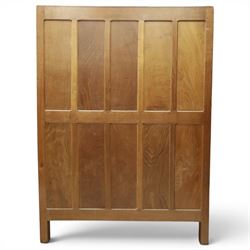 Mouseman - early-to-mid-20th century panelled and adzed double wardrobe, the arcade carved cresting rail over two panelled doors, with wrought metal hinges and latch, deep relief carved mouse signature, the interior fitted with hanging rail, by the workshop of Robert Thompson of Kilburn