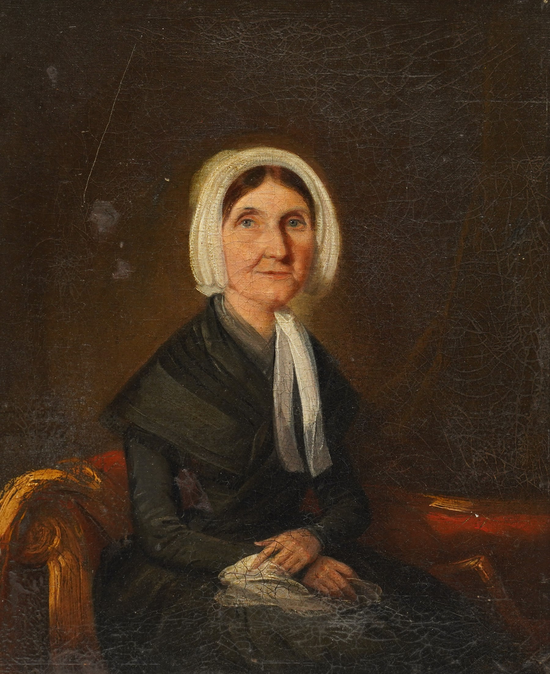 English School (19th century): Portrait of a Victorian Lady Wearing a Bonnet, oil on canvas laid on to board unsigned 32.5cm x 26.5cm