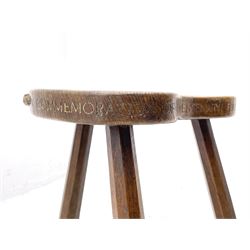 'Mouseman' early 1960s oak stool, dished kidney shaped seat inscribed on edge 
