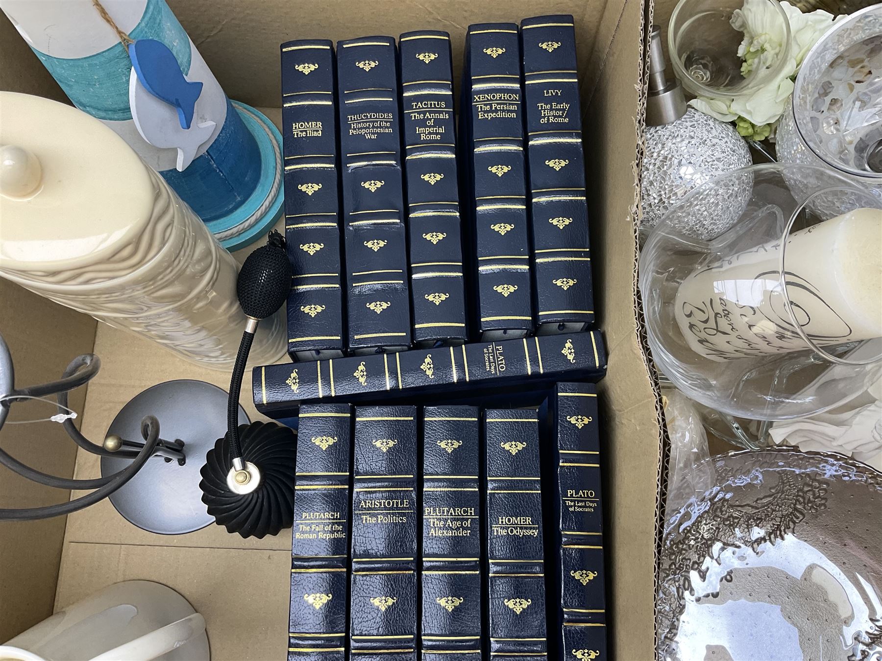 Quantity of glassware and ceramics to include Royal Doulton 'Sisters' matte black figure, vases, clock, and a quantity of Penguin books etc in two boxes